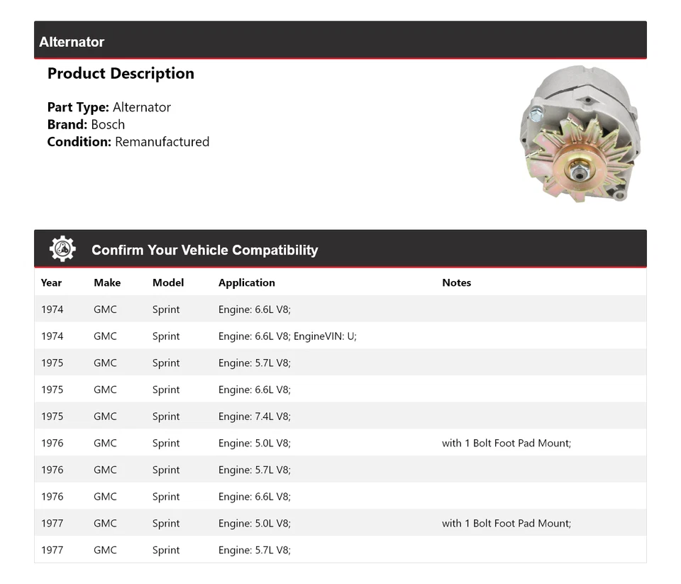 Alternador para GMC Sprint Bosch 1974-1977 (remanufacturado) 1975 1976 Foto 2 de 4