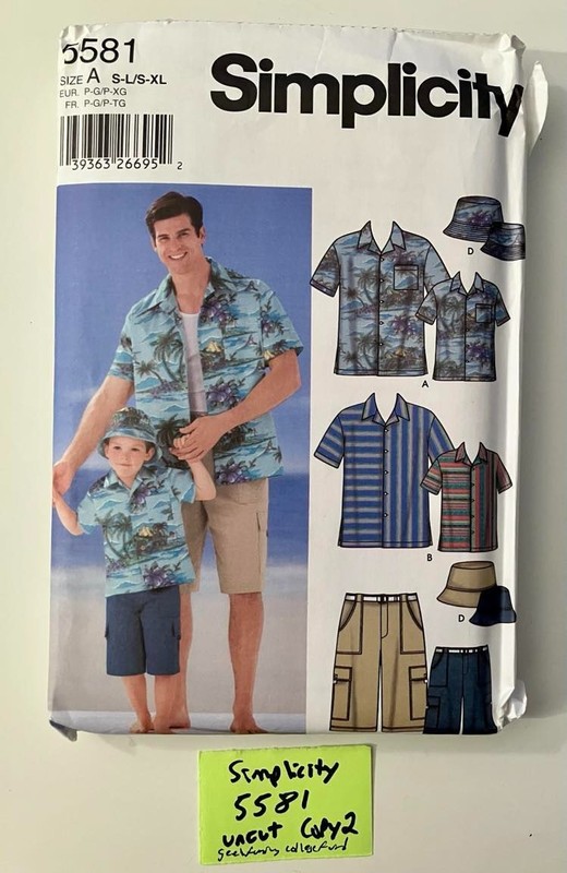 Simplicity 5581 Shirt, Shorts, Hat, Boys Sz S-L, Men’s S-XL, Uncut
