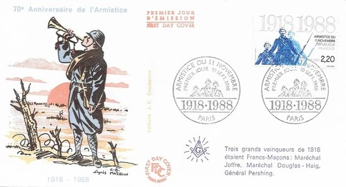 1988France FDC, WW I Armistice: 70th Anniversary, Masonic