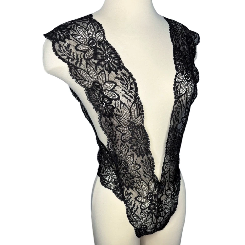 Bon Oui черный чистый цветочный кружева глубокий v-образным вырезом плюшевый боди белье размер 12 / L - Изображение 4 из 4
