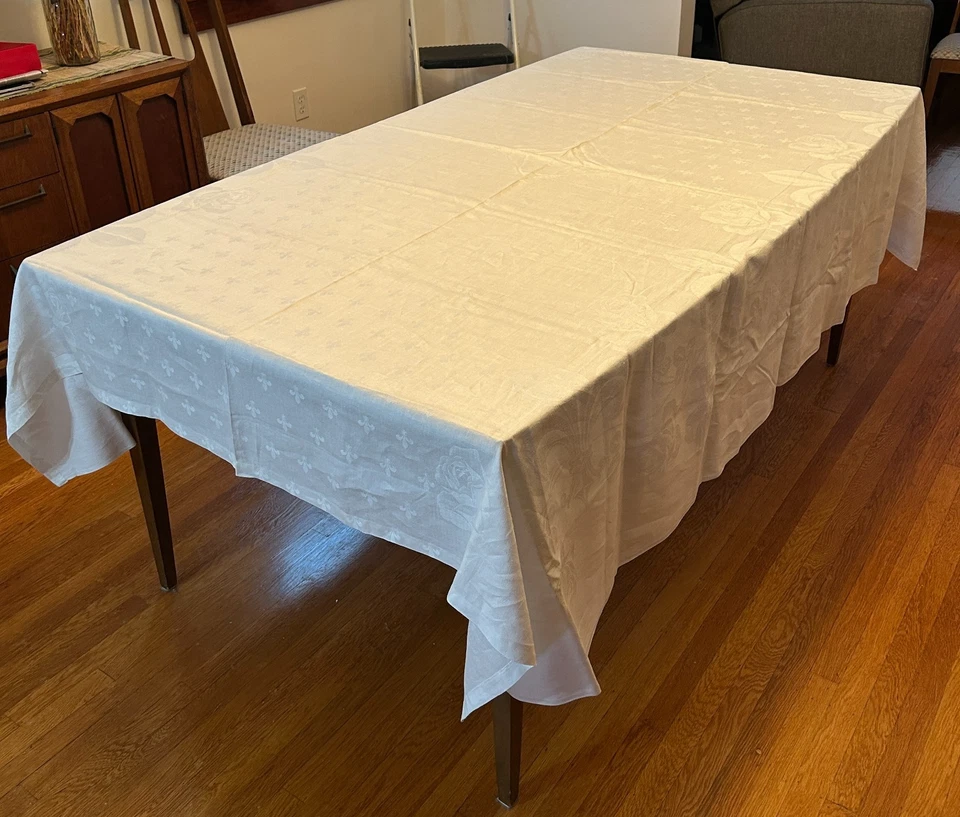 Leinen Damast weiß Vintage Tischdecke Fleur de Lis & Rosen 89 x 71 Zoll mit 6 Servietten