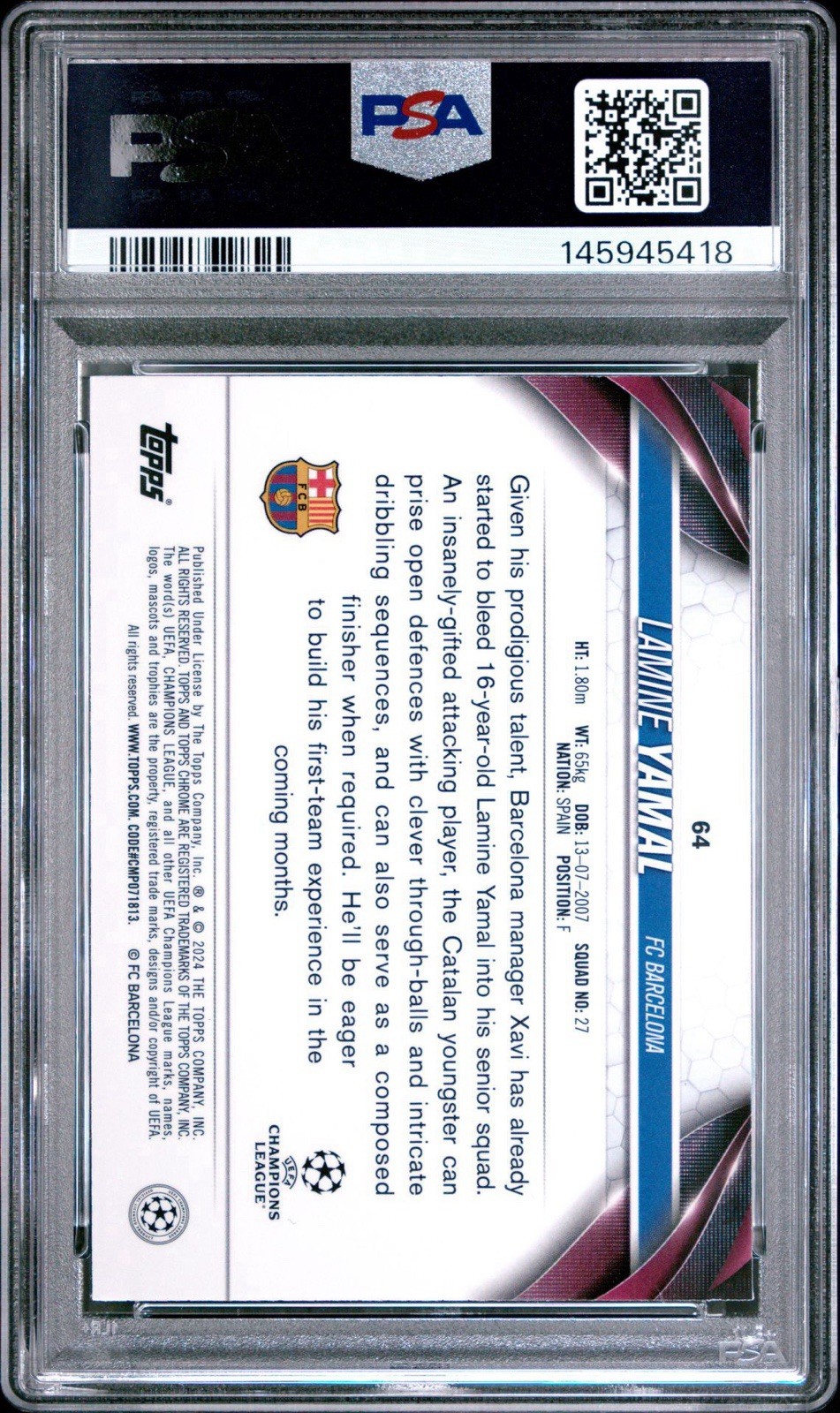 2023-24 Topps Chrome UEFA - Lamine Yamal #64 Violet Speckle Refractor /299 (RC) view 2