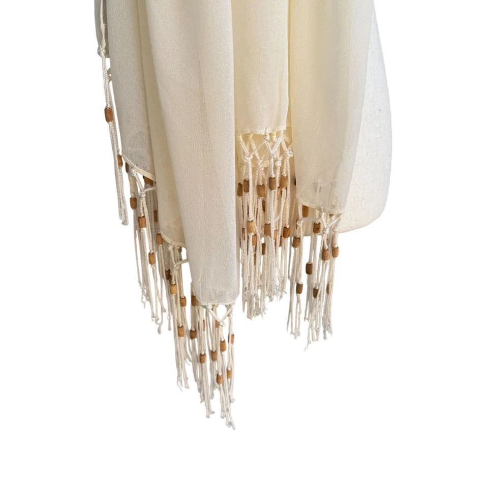 Elegant Cream Semi Sheer Rectangle Beaded Fringe Boho Festival Shawl Wrap Scarf - Image 4 of 4