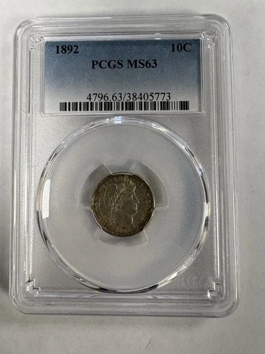1892 Philadelphia United States 10C Barber Dime - 90% Silver- PCGS MS63