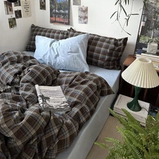 Vintage Brown & Blue Buffalo Plaid Duvet Cover Set Twin XL Size - 3 Piece Washed