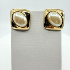Vintage 80s Gold Tone Faux Pearl Square Button Stud Earrings Bold Retro Classic