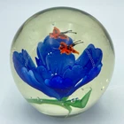 VINTAGE Art Glass Paperweight Blue Flower Orange Butterfly Murano Style 3.5in