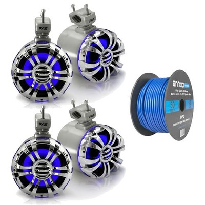4x Pyle Marine 5.25'' Waterproof Tower LED Speakers, 16-G 50 Foot Tinned Wire