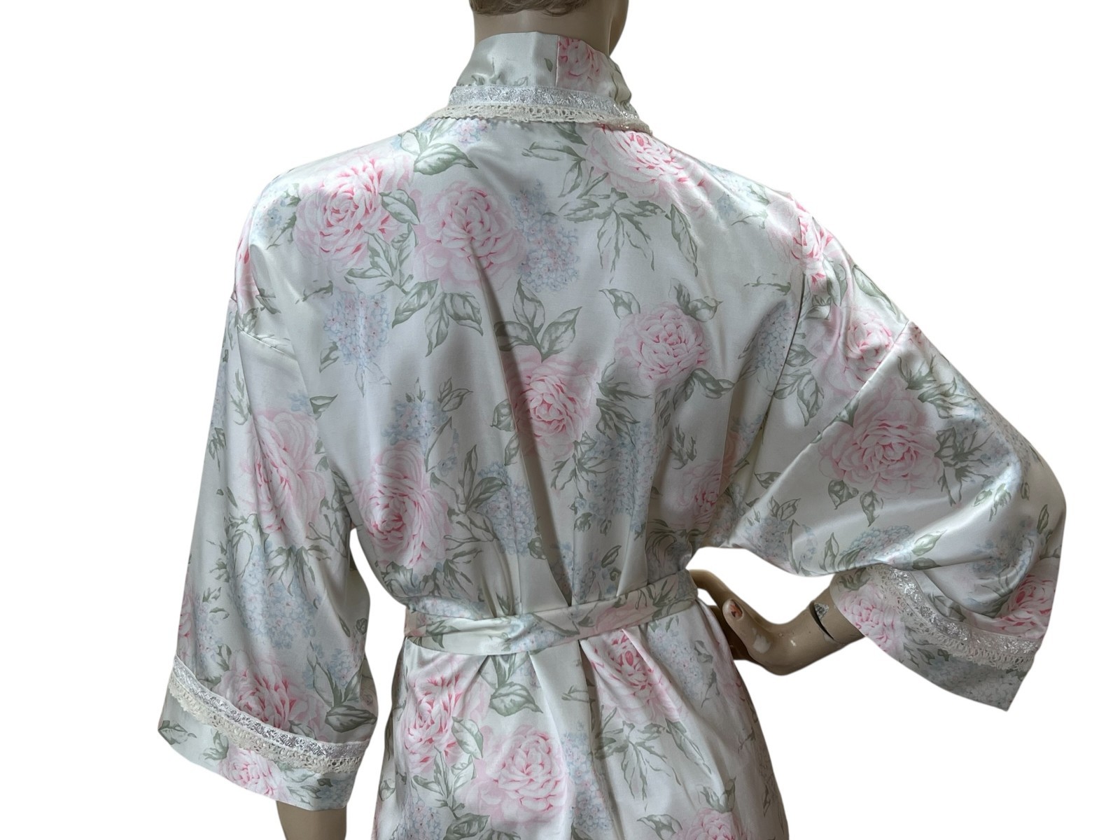 Sz S Vtg CHRISTIAN DIOR Wrap Robe Tie Belt Pockets Cream Pink Blue Floral thumbnail 3