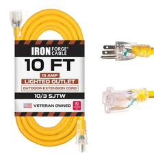 10 Foot Lighted Outdoor Extension Cord - Yellow 10 Gauge 3 Prong Grounded Plug