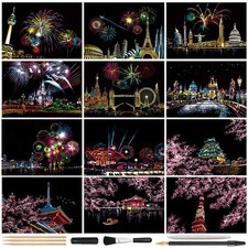 12 PCS Magic Scratch Art Paper Rainbow Night View Cards 7 Tools Adult Kids