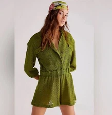 Free People Beach XS Ryan Knit Crochet Romper One Piece Serpent Green FP