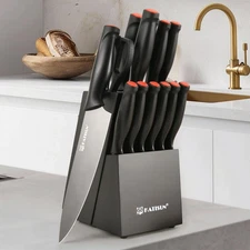 15-Piece Titanium Coding Carbon Steel with Wooden Block, Scissor and Sharpener