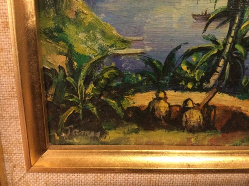 Small WWII Pacific Island Harbor Scene Oil Painting Signed “James” - Picture 4 of 7