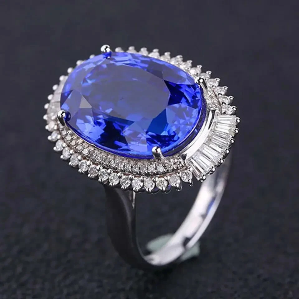 4Ct Oval Cut Blue Tanzanite Diamond Halo Engagement Ring 14k White Gold Plated - Image 2 of 4