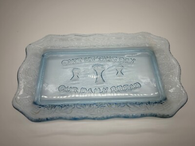 Glass Plate Crystal Blue Tray Give Us This Day Our Daily Bread 10.5 L x 7 W