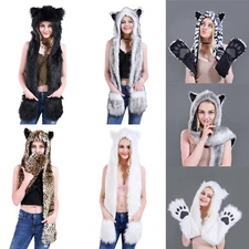 Faux Fur Hat Hood Scarf Full Pockets Ear Flat Cap Hoodie Winter Party Costume