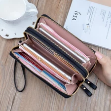 Large Capacity Women Leather Clutch Wallet Double Zipper Phone Bag Wrist Handbag