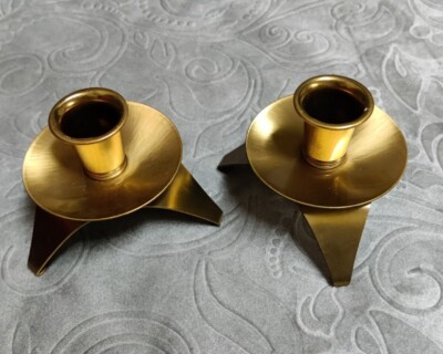 Vogue Candle Stick Holders Pair Brass Tone Metal Mid Century Modern