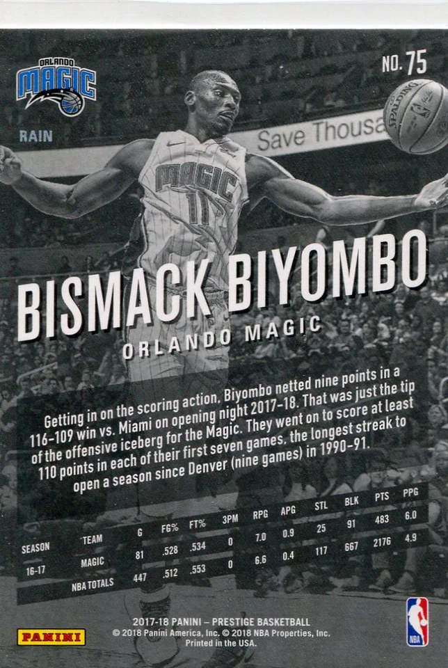 2017-18 PRESTIGE RAIN PARALLELS BISMACK BIYOMBO ORLANDO MAGIC - Image 2 of 2
