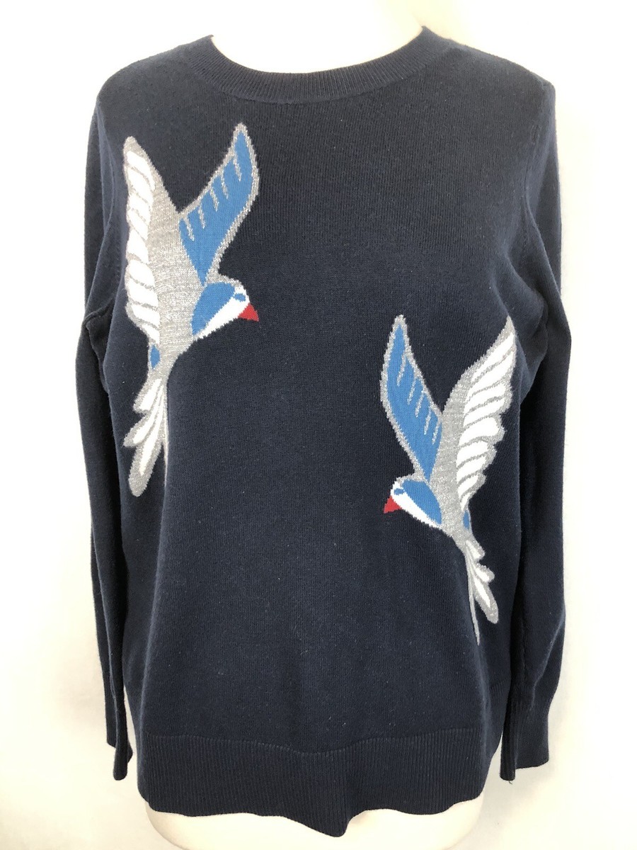 Ann Taylor Loft Sweater Women Size Medium Crew Neck Navy Knit Bird Pattern