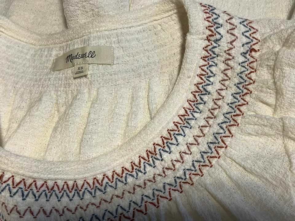 Madewell Superlight Jacquard Embroidered Smocked Top XS Organic Cotton