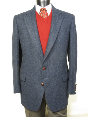 Harris Tweed Sport Coat Blazer 44 45 L Navy Blue Wool Herringbone