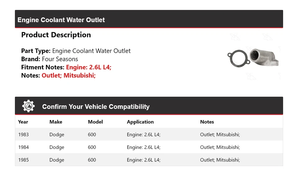 Para Dodge 600 1983-1985 2,6 L motor L4 salida de agua refrigerante 4 estaciones 1984 Foto 2 de 4