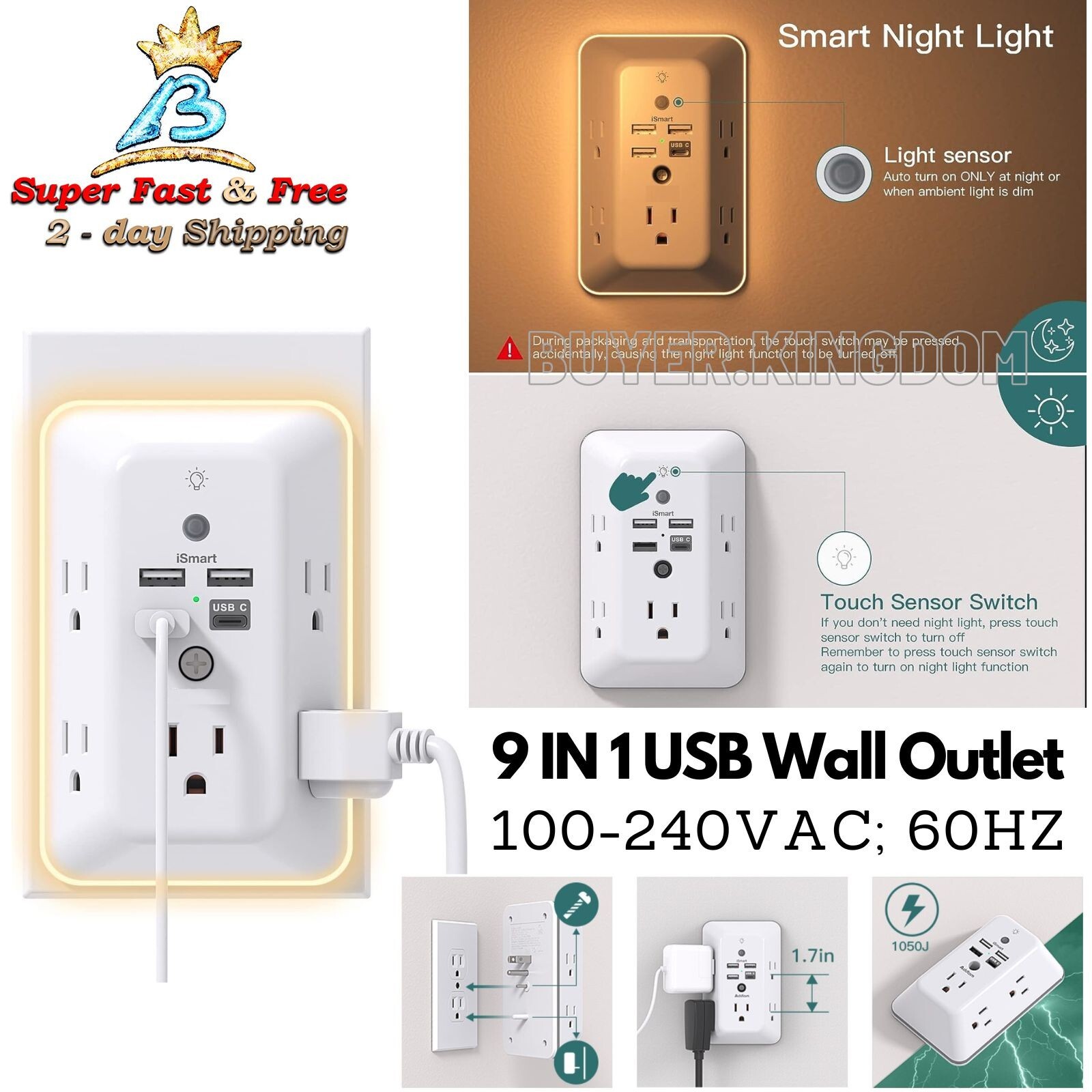 Plug In Wall Outlet Night Light With USB C USB A Ports 5 Outlet Surge