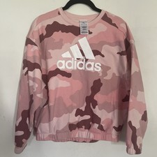 Adidas Kid's XL 16 All Over Print Crew Neck Sweatshirt Loose Fit Pink Camo T13