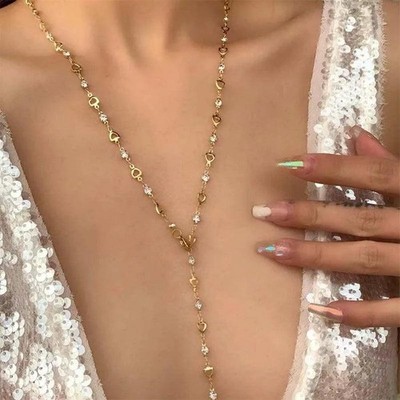 Long Tassel Zinc Alloy Heart Crystal Zircon Necklace for Women