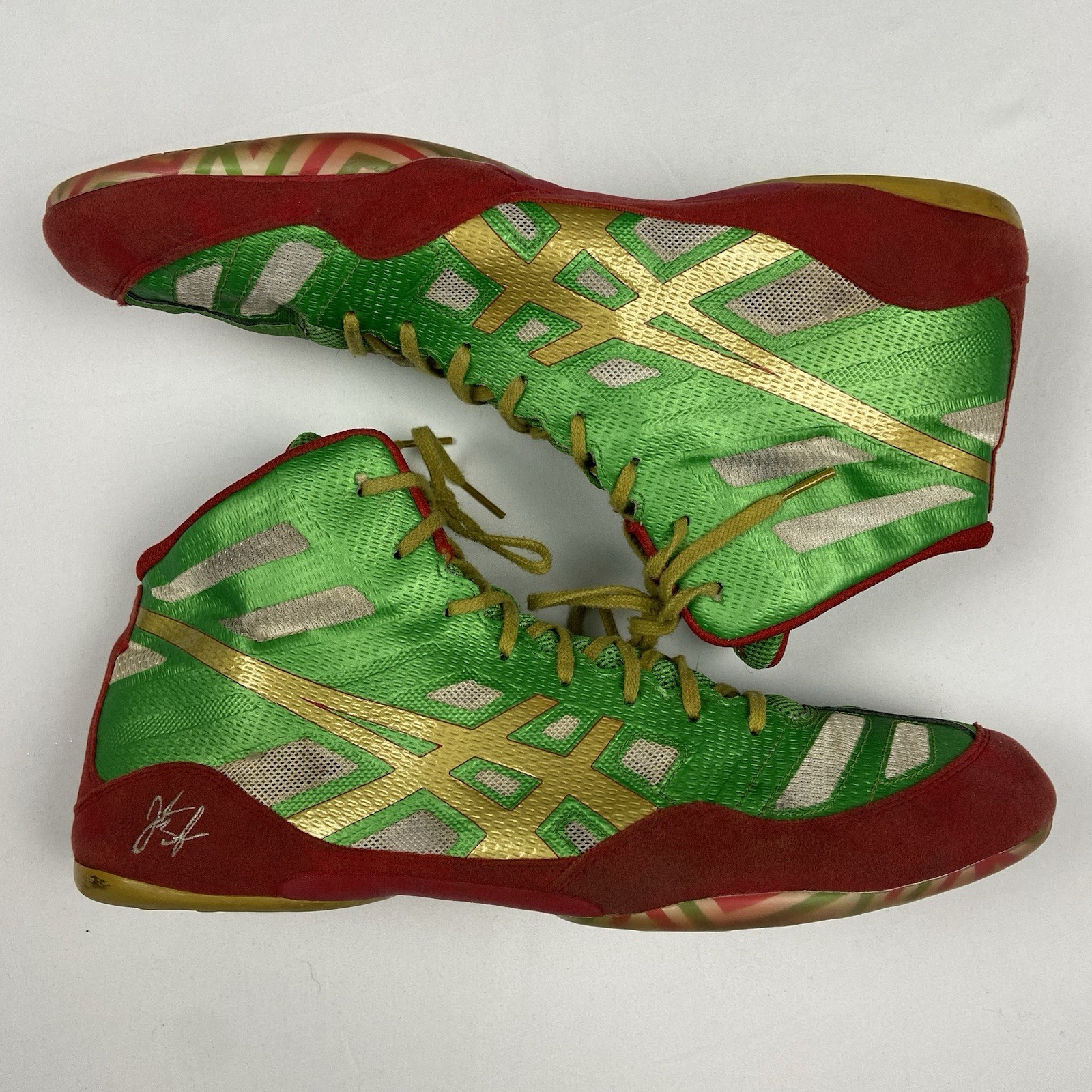 Rare ASICS JB Elite Wrestling Shoes J3A1Y Jordan Burroughs Green/Red/Gold Sz 14 thumbnail 9