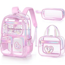 Clear Backpack for Girls, Heavy Duty PVC, 3PCS Transparent Kids Bookbag