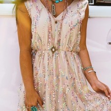 Womens Small Nude Boho Western Sequin Mini Dress Southern Fried Chicks NWT