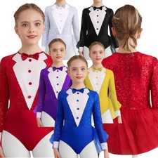 Kids Girls Bodysuit Jazz Dancewear Tulle Skirted Leotard Samba Round Neck Dance