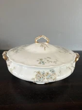 Syracuse China O.P.Co. Vitreous Covered Dish Fluted Base Blue Floral Gold Trim