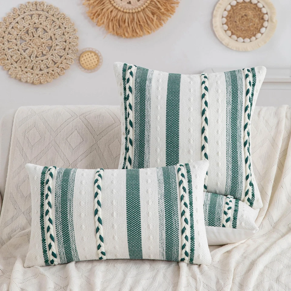 Boho Sage Green Striped Pillow Covers Set of 2-20x20 Inch Farmhouse Coastal D... - Image 2 of 4