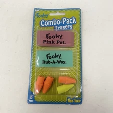 Foohy Erasers Pack Of 6 Rub-A-Way, Pink Pet & Pencil Top Erasers NEW! VTG 2004