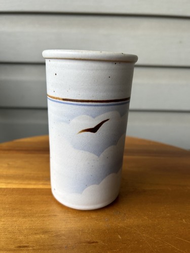 Vintage MCM Birds Sky Speckled Stoneware Crock Jar 5" Retro-RM
