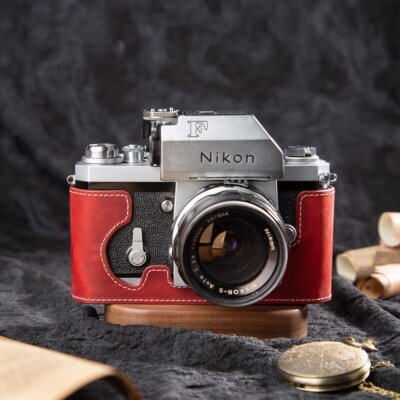 For Nikon F Red Handmade Genuine Real Leather Half Camera Case Bag Cover