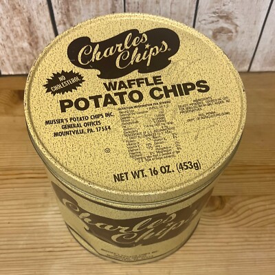 Vintage Large Charles Chips Waffle Potato Chips 1 Pound Round Tin