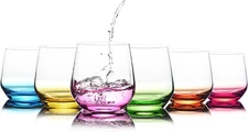 Stemless Wine Glasses Set of 6 - Hand Blown Colored Short Wine Tumblers - 15 Oz