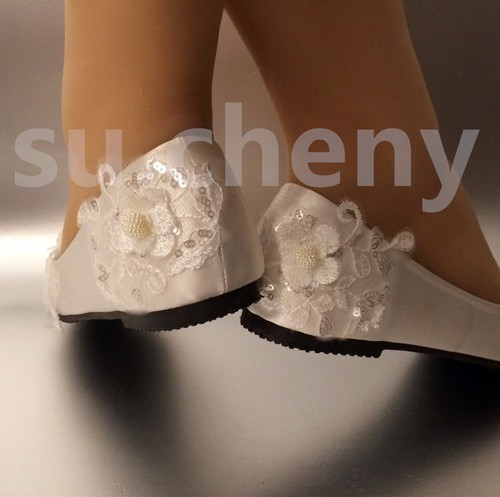 su.cheny Satin weiße Spitzenperlen Hochzeit Blumen flach Hochzeit Braut Schuhe 5-13 - Bild 8 von 12