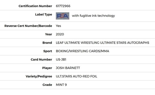 Josh Barnett PSA 9, #7/10 Red Auto 2020 Leaf Ultimate Wrestling Warmaster - Picture 3 of 4
