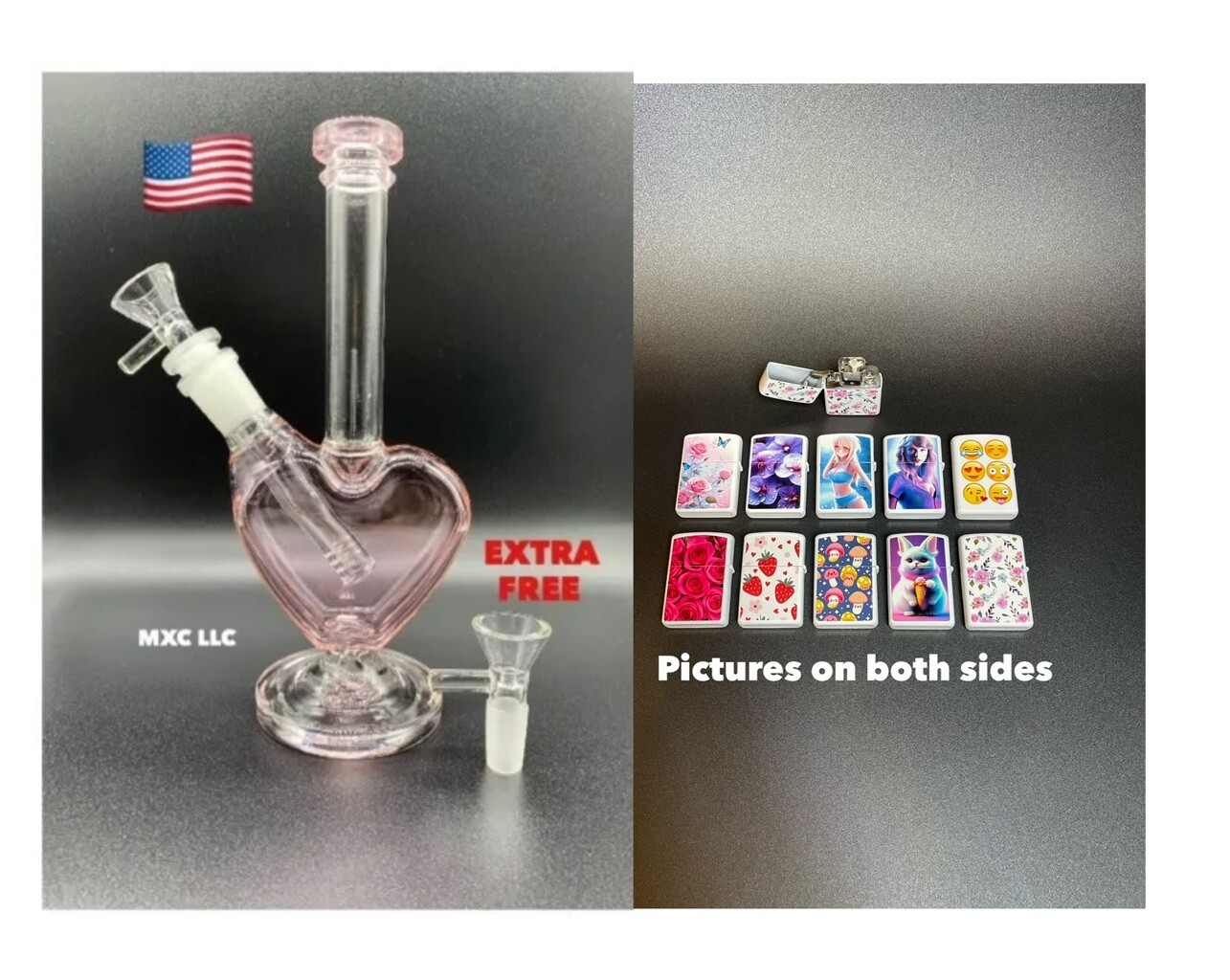 9" inch pink heart glass bong tobacco pipe+ 1x special design lighter
