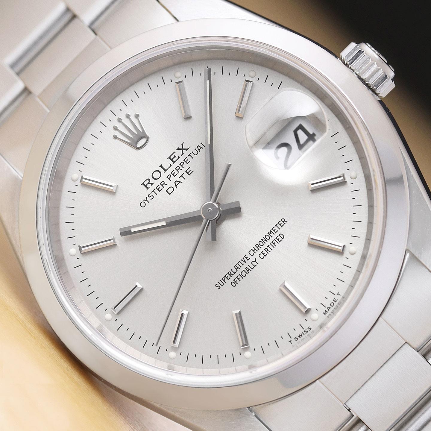 Forlænge overvåge svulst ROLEX MENS OYSTER PERPETUAL DATE 15200 34MM SILVER DIAL STAINLESS STEEL  WATCH | eBay