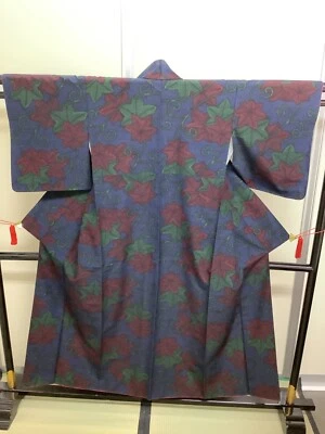 Kimono japonais vintage pure soie bleu Oshima cher Kaede hauteur 61,02 pouces - Photo 1/4