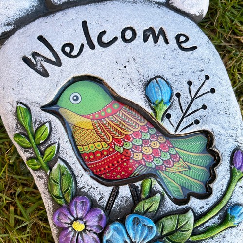 Welcome Foot Stepping Stone Cement Colourful Robin Bird Outdoor Lawn Pavement - Picture 5 of 7