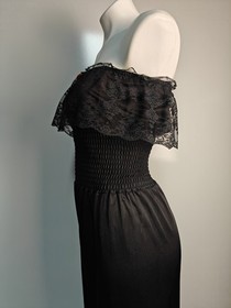 Vintage Small Black Nylon Strapless Harem Jumpsuit Smocked Bodice Lace Trim EVC