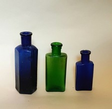 antique x2 poison blue and x1 apocrypha green bottles. FREE POSTAGE!